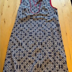 Navy & White Patterned V-Neck Sleeveless Dress with Pink Trim